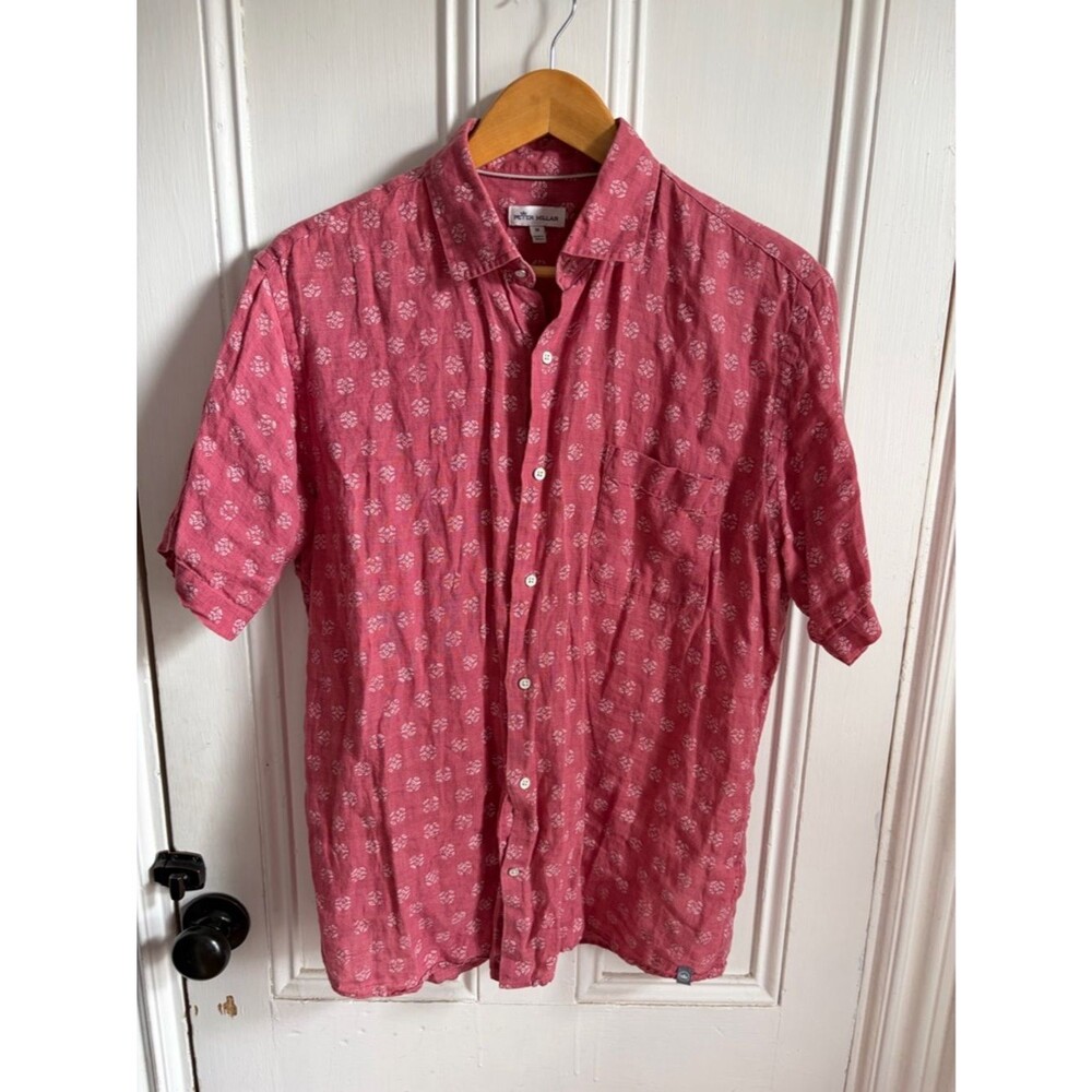 Peter Millar 100% Linen Short Sleeve Button Down Shirt M Pink Floral Print